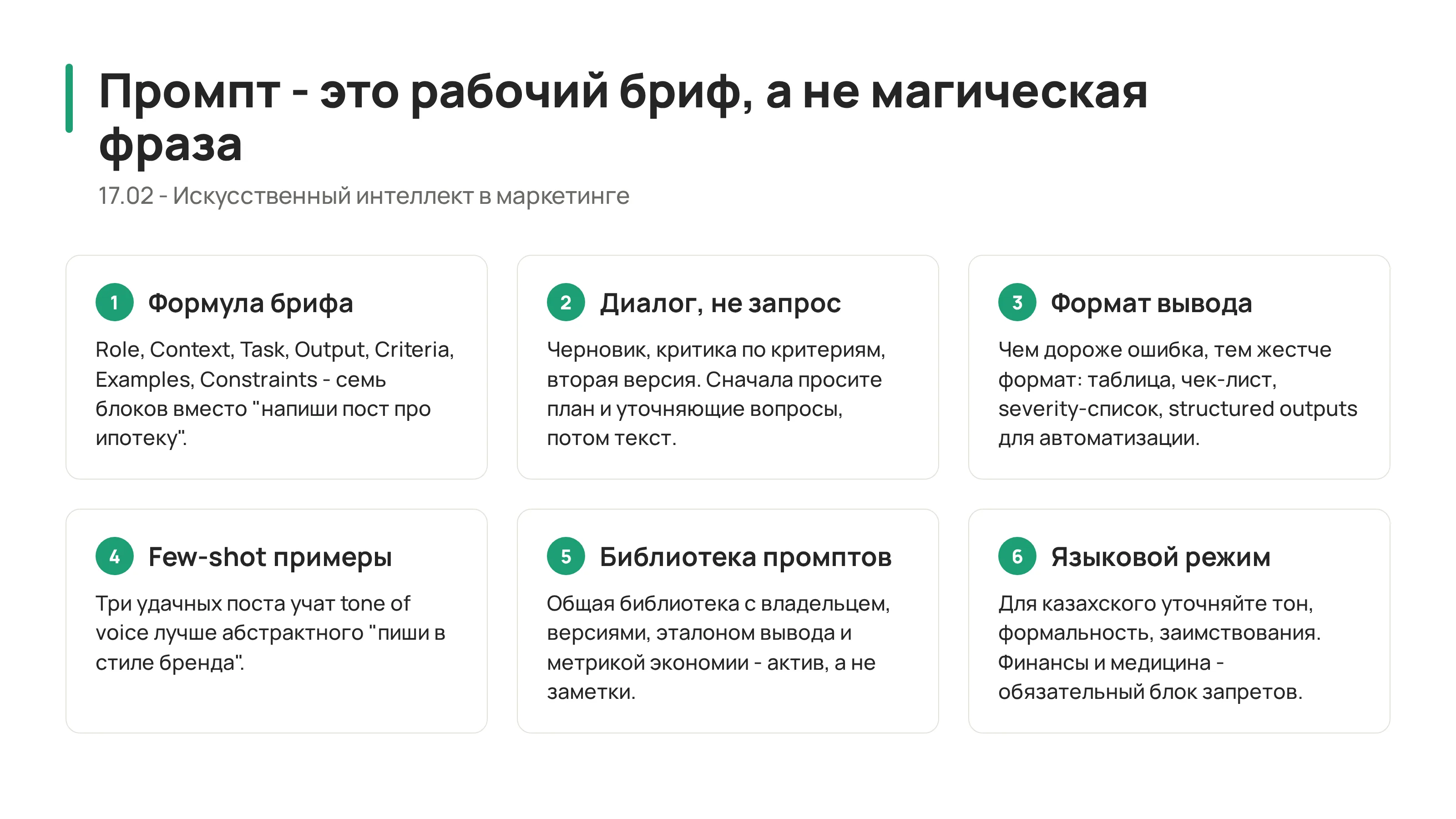 Канва промпта для маркетолога: роль, контекст, задача, формат, критерии, примеры и ограничения