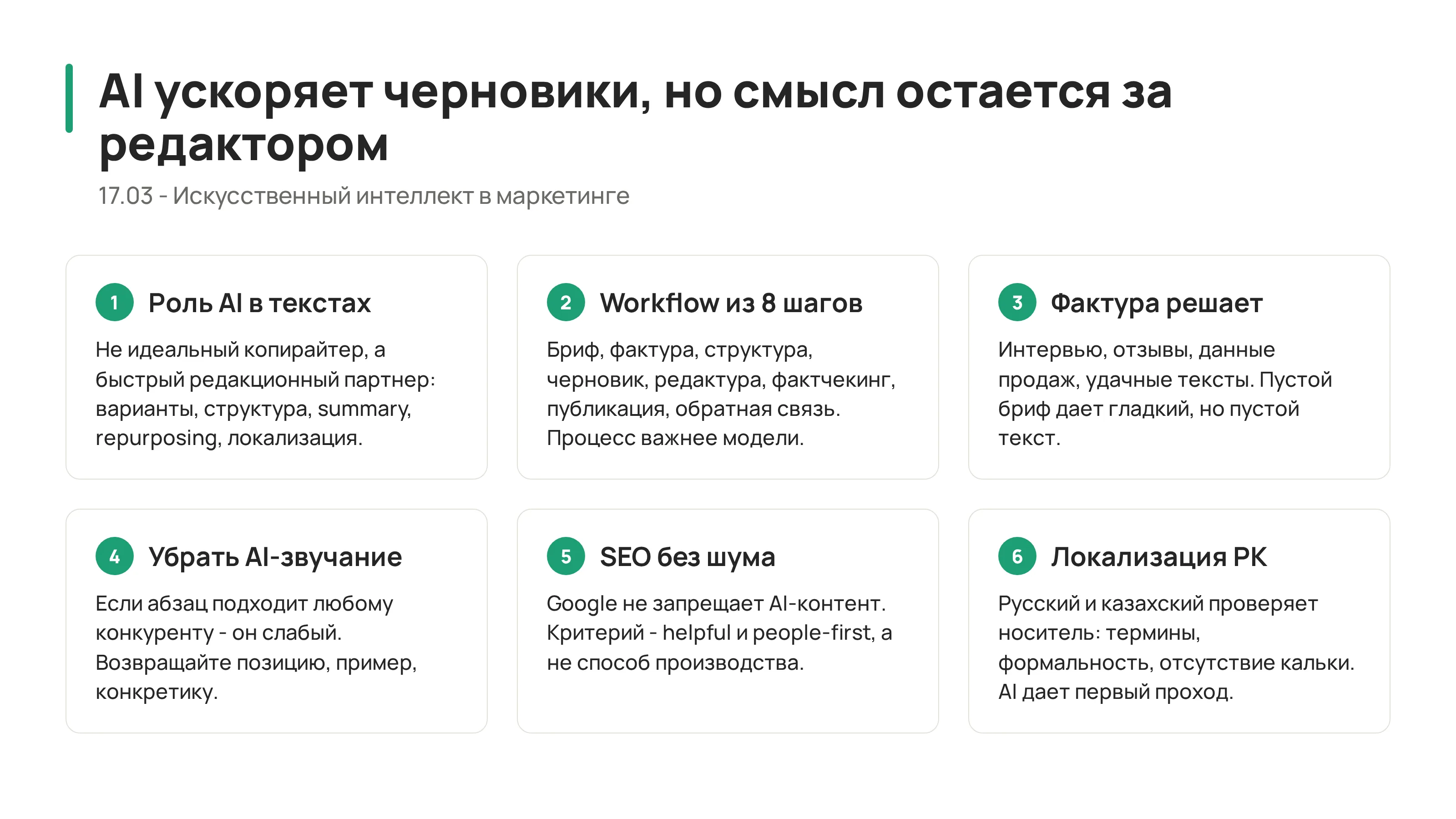 Редакционный workflow AI-контента: бриф, фактура, черновик, редактура, фактчекинг, публикация и обратная связь