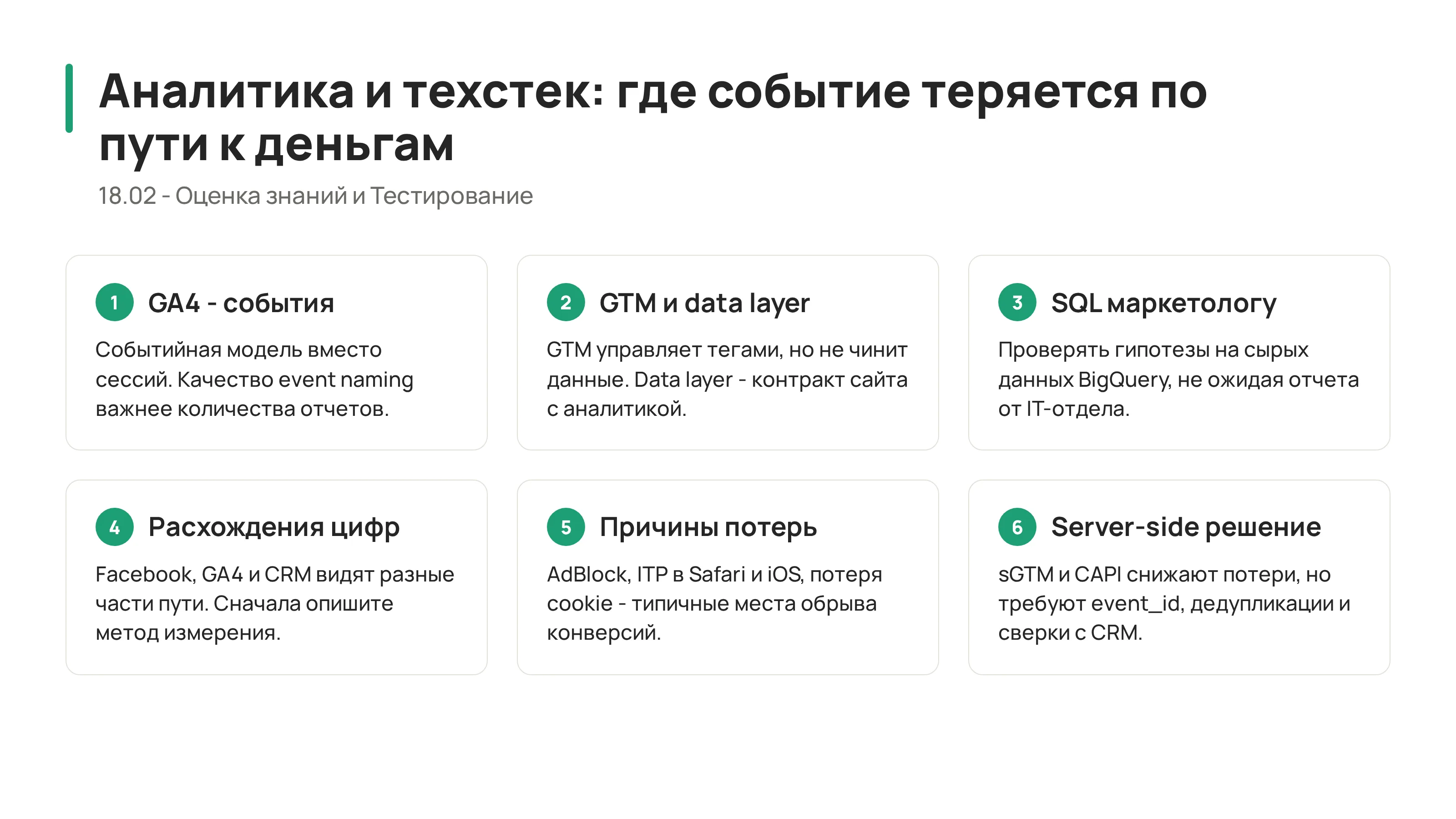 Карта самопроверки по GA4, GTM, data layer, SQL и server-side tracking
