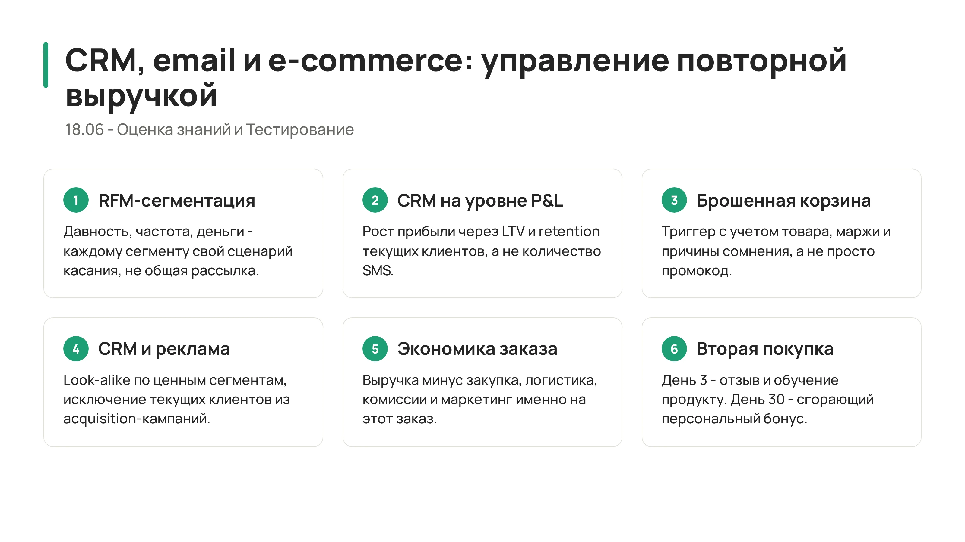 Карта самопроверки по CRM, email, RFM, e-commerce и retention
